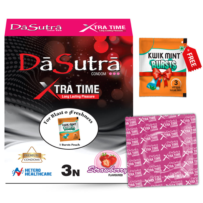 DaSutra Xtra Time Long Lasting Pleasure Condoms - 3's Pack Ribbed-Dotted-Contour - Strawberry Flavour