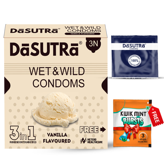 DaSutra Wet & Wild Condoms - 3's Pack Lubricated, Ribbed, and Dotted - Vanilla Flavour