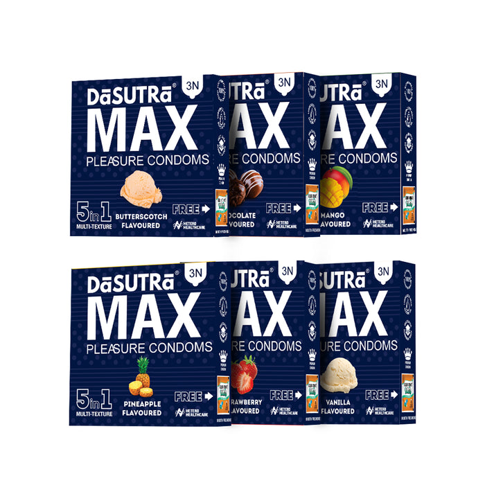 DaSutra Max Pleasure Condoms - With 396 dots | 5in1 multi-textured condoms - 6 Flavours Combo