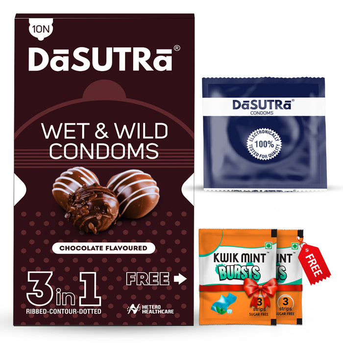 DaSutra Wet & Wild Condoms - 10's Pack Lubricated, Ribbed, and Dotted - Chocolate Flavour