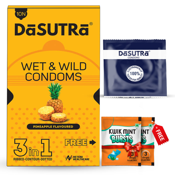 DaSutra Wet & Wild Condoms - 10's Pack Lubricated, Ribbed, and Dotted - Pineapple Flavour