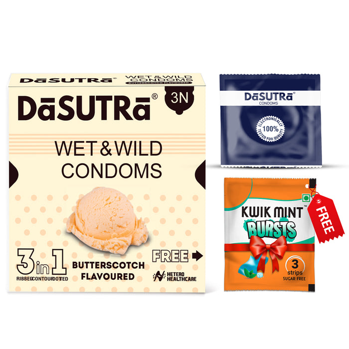 DaSutra Wet & Wild Condoms - 3's Pack Lubricated, Ribbed, and Dotted - Butterscotch Flavour