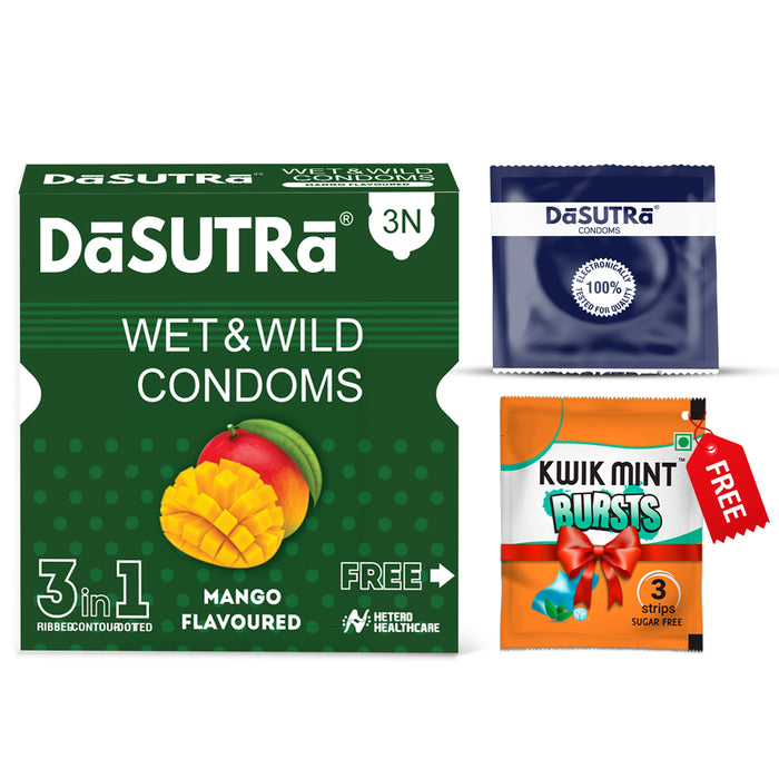 DaSutra Wet & Wild Condoms - 3's Pack Lubricated, Ribbed, and Dotted - Mango Flavour
