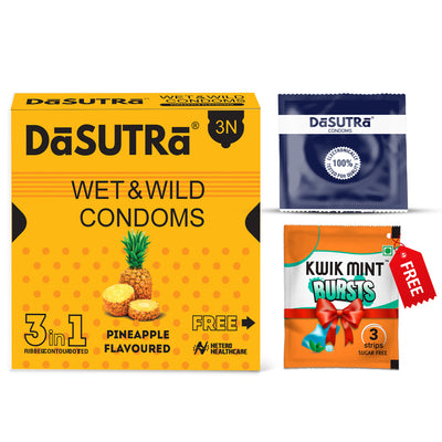 DaSutra Wet & Wild Condoms - 3's Pack Lubricated, Ribbed, and Dotted - Pineapple Flavour