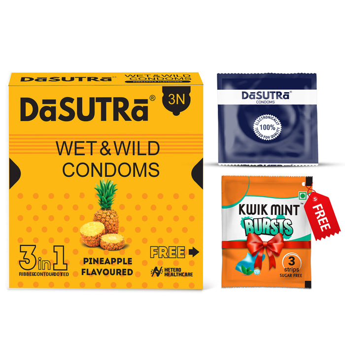 DaSutra Wet & Wild Condoms - 3's Pack Lubricated, Ribbed, and Dotted - Pineapple Flavour