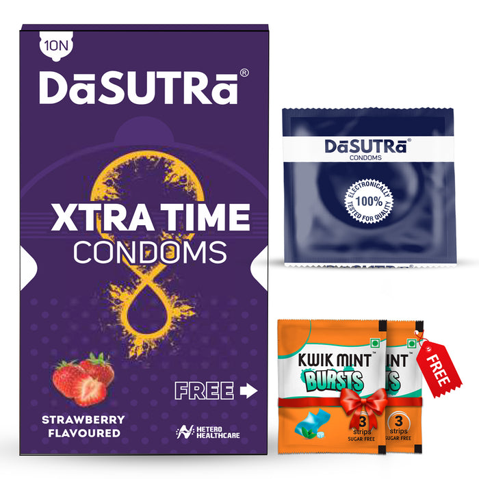 DaSutra Xtra Time Long Lasting Pleasure Condoms - 10's Pack Ribbed-Dotted-Contour - Strawberry Flavour