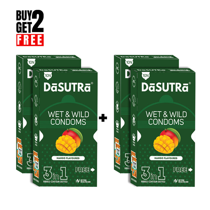 DaSutra Wet & Wild Condoms - 10's Pack Lubricated, Ribbed, and Dotted - Mango Flavour