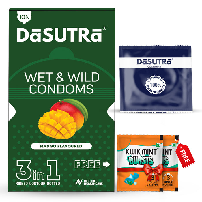 DaSutra Wet & Wild Condoms - 10's Pack Lubricated, Ribbed, and Dotted - Mango Flavour