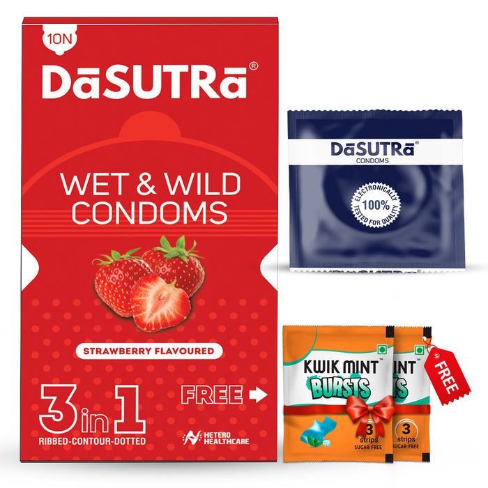 DaSutra Wet & Wild Condoms - 10's Pack Lubricated, Ribbed, and Dotted - Strawberry Flavour