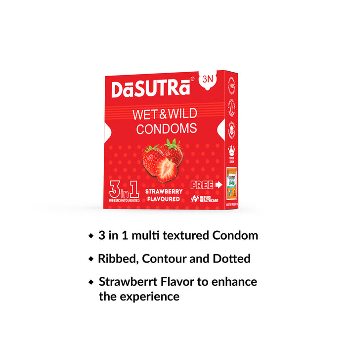 DaSutra Wet & Wild Condoms - 3's Pack Lubricated, Ribbed, and Dotted - 2 Combo