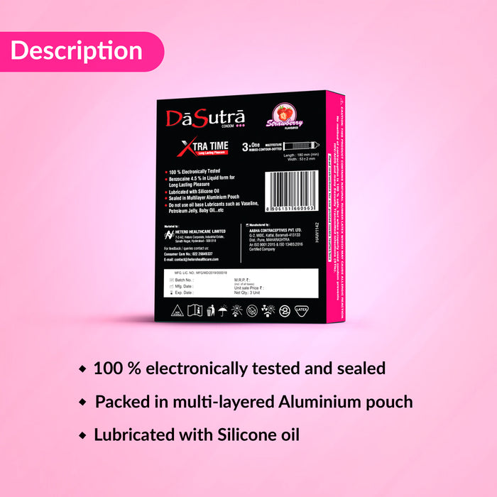 DaSutra Xtra Time Long Lasting Pleasure Condoms - 3's Pack Ribbed-Dotted-Contour - Strawberry Flavour