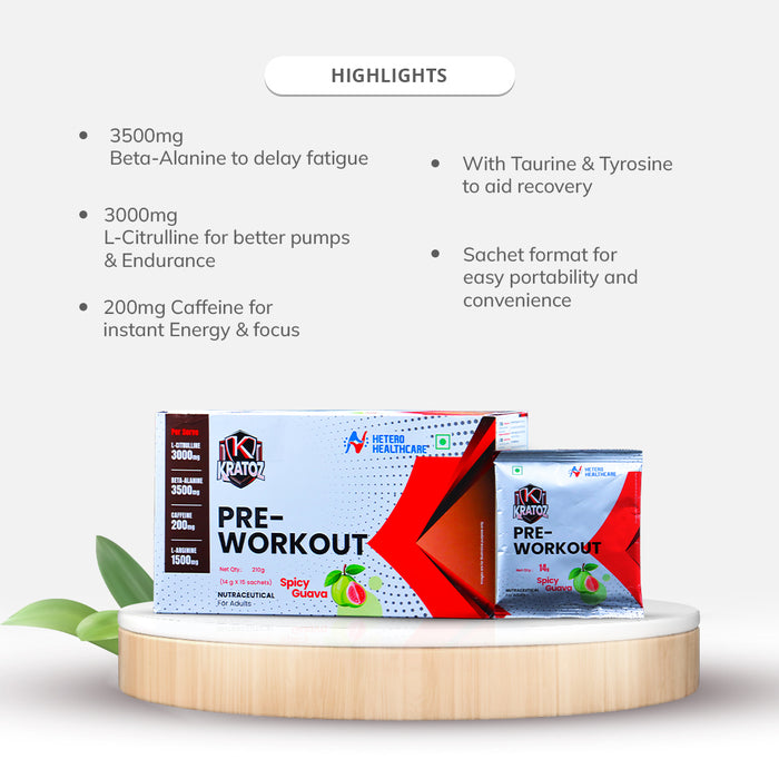 Kratoz Pre-Workout – Spicy Guava Flavour (210g | 15 Sachets) 