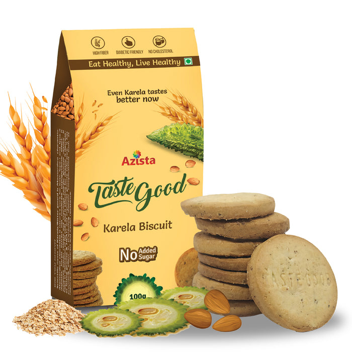 TasteGood Karela Biscuits | Sugar-Free, High-Fiber & Diabetic-Friendly Snack | Made with Bitter Gourd, Almonds & Oats | Supports Weight Management & Healthy Lifestyle | Zero Cholesterol & Trans Fat | Each Box Contains 10 Biscuits | 100g