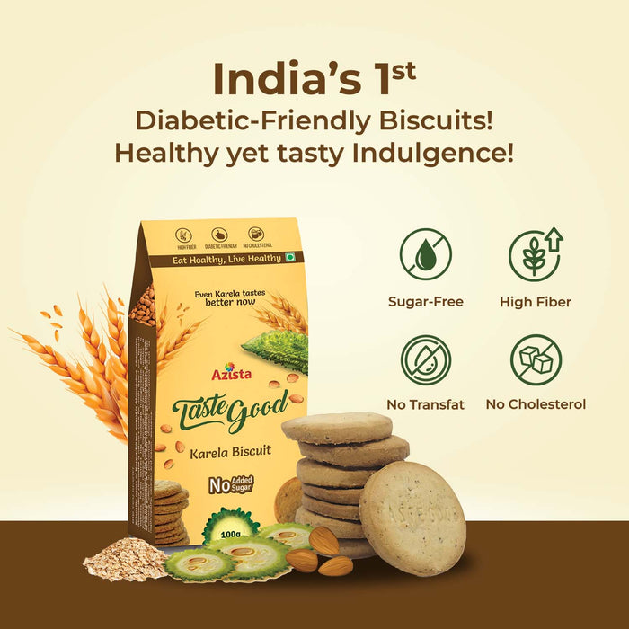 TasteGood Karela Biscuits | Sugar-Free, High-Fiber & Diabetic-Friendly Snack | Made with Bitter Gourd, Almonds & Oats | Supports Weight Management & Healthy Lifestyle | Zero Cholesterol & Trans Fat | Each Box Contains 10 Biscuits | 100g