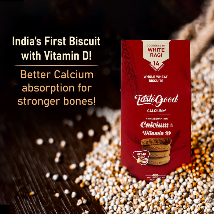 Taste Good Calcium ++ and Vitamin D Biscuits | High-Absorption Calcium & Bone Health Support | Made with White Ragi & Whole Wheat | Kesar Pista Flavored | Zero Cholesterol & Trans Fat | 100g