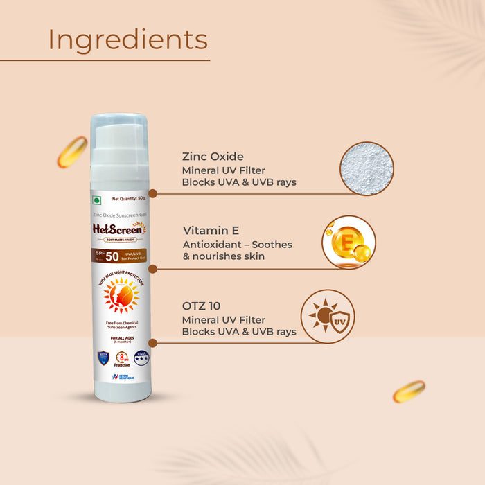 HetScreen Sunscreen Gel | SPF 50 PA+++ | Zinc Oxide + Vitamin E | Broad Spectrum Protection from UVA, UVB & Blue Light | Water-Resistant & Anti-Aging | Fragrance-Free, Chemical Sunscreen-Free (50g)