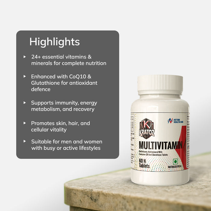 Kratoz Multivitamin + Multimineral Tablets with CoQ10 & Glutathione – 60 Tablets