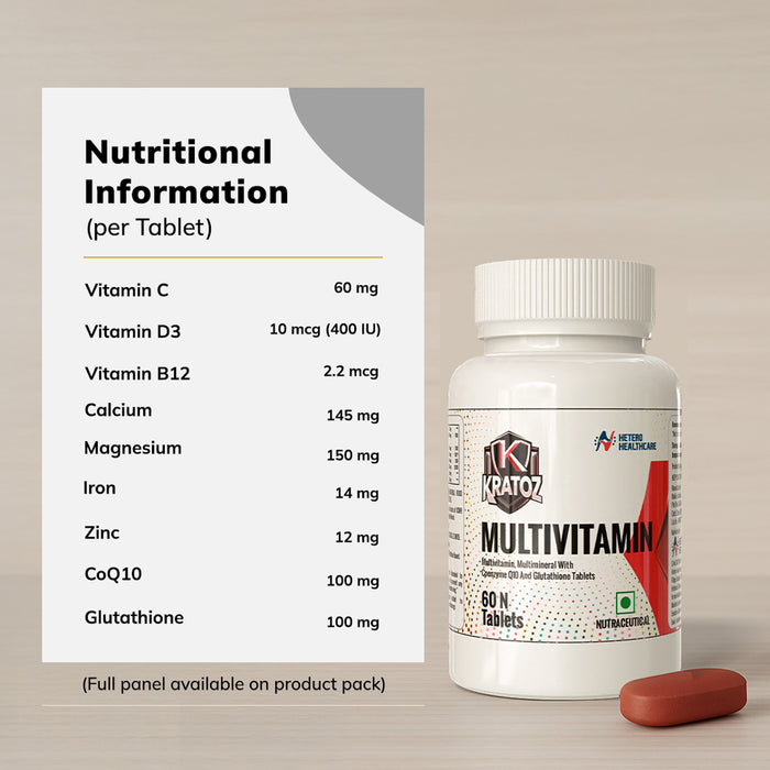 Kratoz Multivitamin + Multimineral Tablets with CoQ10 & Glutathione – 60 Tablets