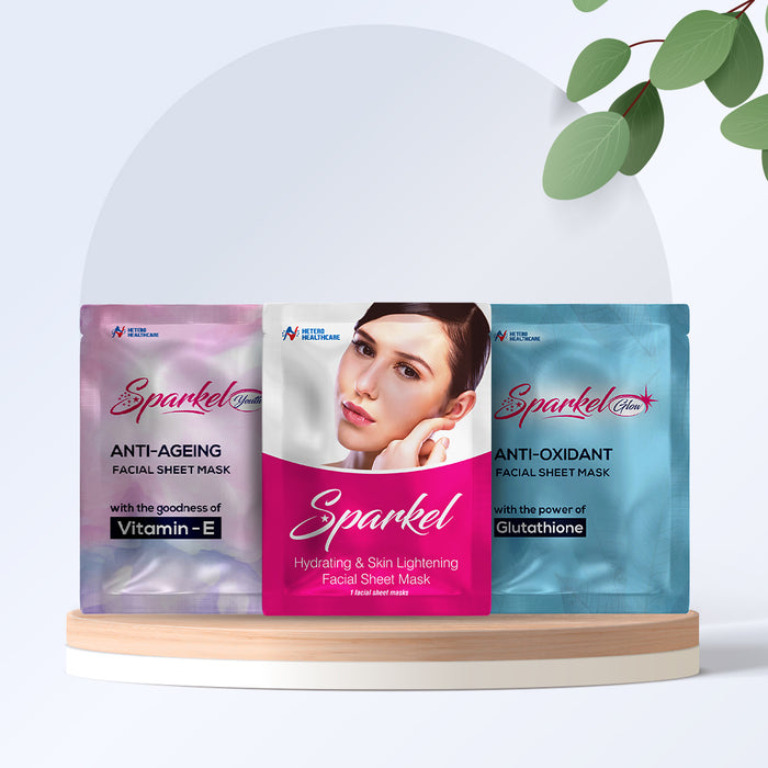 Sparkel Unisex Facial Sheet Masks Pack of 3 – Hydrating and Skin Lightening + Anti-Oxidant + Anti-Ageing