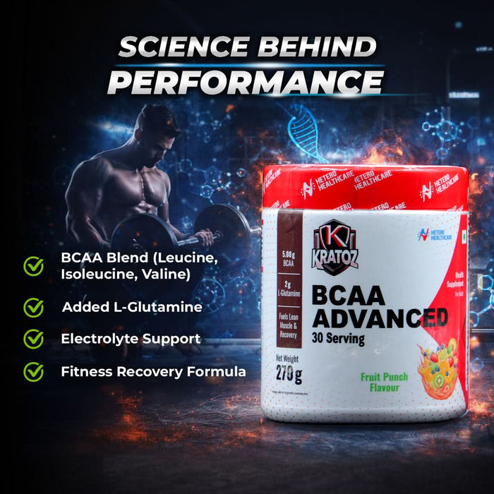 Kratoz BCAA Advance Powder | Supplement with L- Glutamine and Essential Amino Acids for Lean Muscle, Recovery & Endurance 30 Servings - 270g