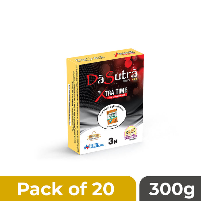 DaSutra Xtra Time Long Lasting Pleasure Condoms - 3's Pack Ribbed-Dotted-Contour - Vanilla Flavour
