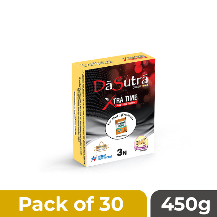 DaSutra Xtra Time Long Lasting Pleasure Condoms - 3's Pack Ribbed-Dotted-Contour - Vanilla Flavour