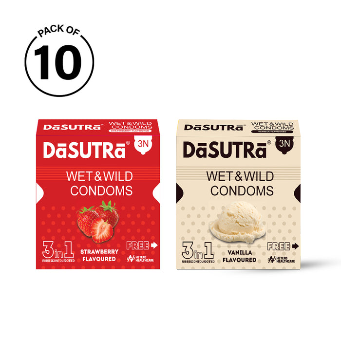 DaSutra Wet & Wild Condoms - 3's Pack Lubricated, Ribbed, and Dotted - 2 Combo