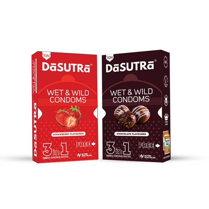 DaSutra Wet & Wild Condoms - 10's Pack Lubricated, Ribbed, and Dotted - 2 Combo