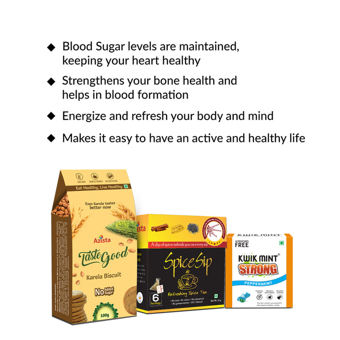 Eat Sip Refresh Combo – Tastegood Karela Biscuits, Spice Sip Immunity Tea and Kwikmint Strong Mouth  Freshener.