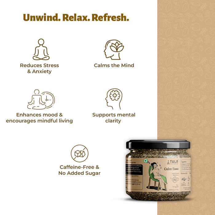 TULA Wellbeing Calm Ease Infusion | Herbal Functional Tea | Lemongrass & Mint Flavor | 100% Natural Herbs | 100g | 45 Servings