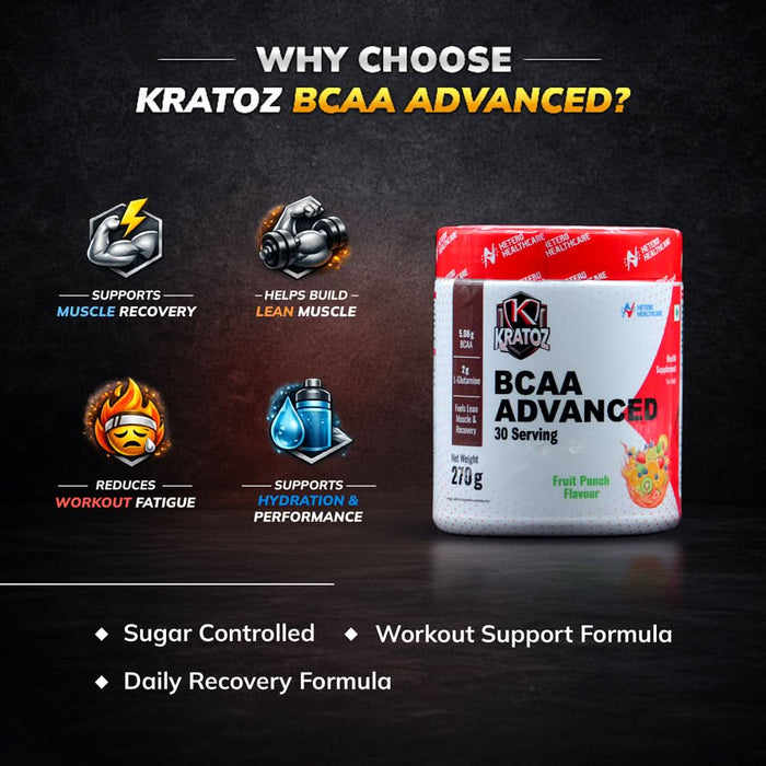 Kratoz BCAA Advance Powder | Supplement with L- Glutamine and Essential Amino Acids for Lean Muscle, Recovery & Endurance 30 Servings - 270g