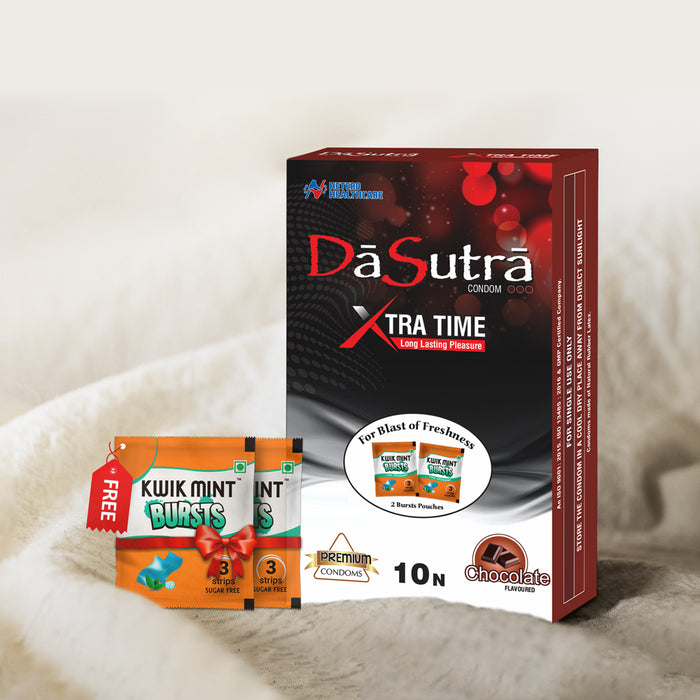 DaSutra Xtra Time Long Lasting Pleasure Condoms - 10's Pack  Ribbed-Dotted-Contour - Chocolate Flavour
