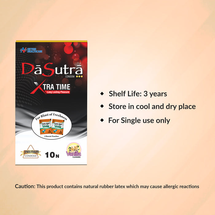 DaSutra Xtra Time Long Lasting Pleasure Condoms - 10's Pack  Ribbed-Dotted-Contour - Vanilla Flavour