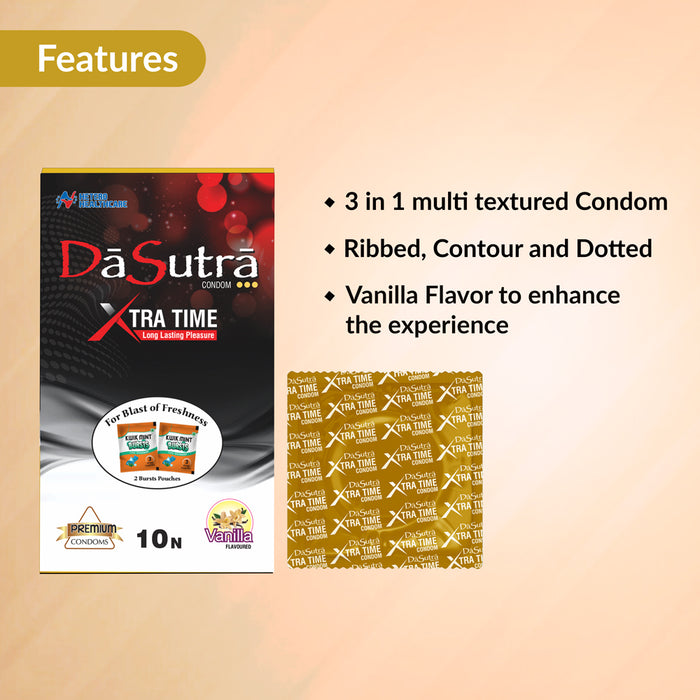 DaSutra Xtra Time Long Lasting Pleasure Condoms - 10's Pack  Ribbed-Dotted-Contour - Vanilla Flavour