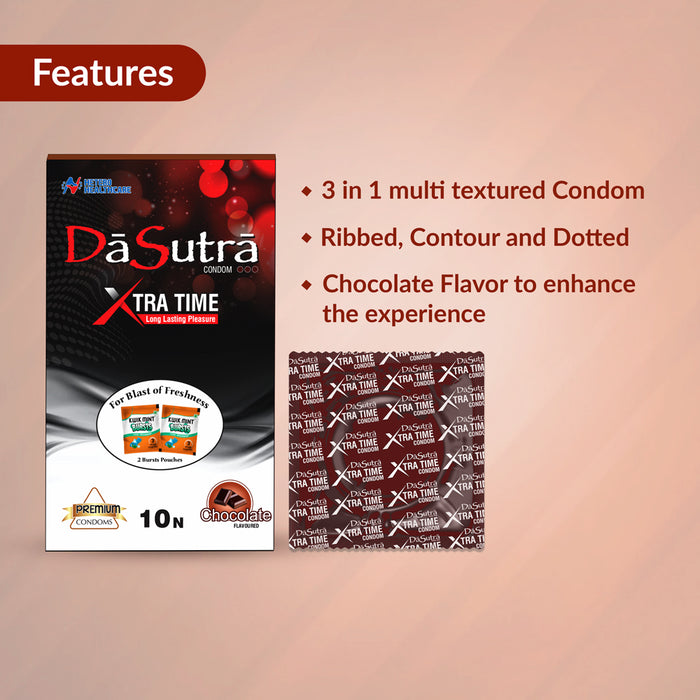 DaSutra Xtra Time Long Lasting Pleasure Condoms - 10's Pack  Ribbed-Dotted-Contour - Chocolate Flavour