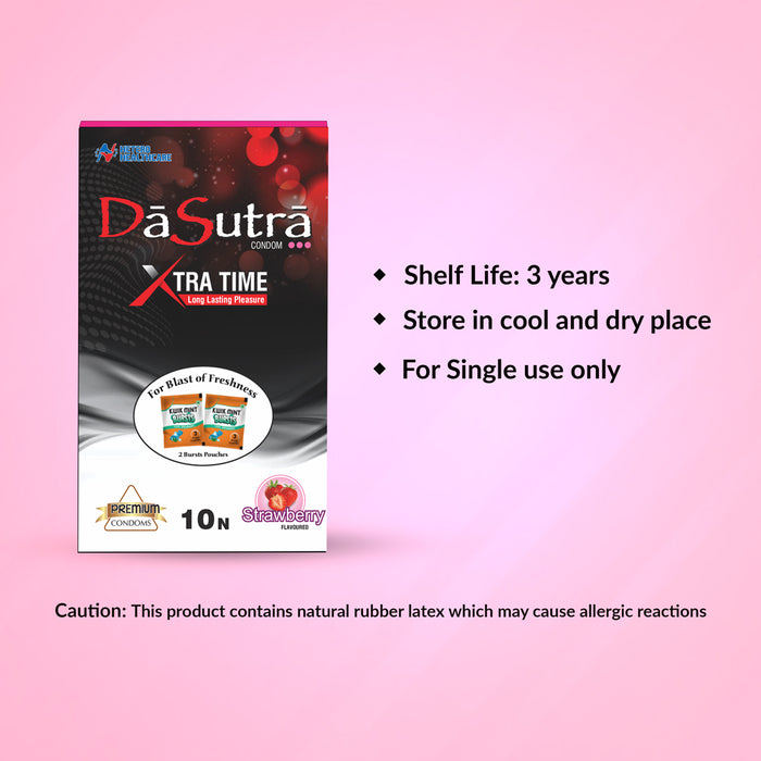 DaSutra Xtra Time Long Lasting Pleasure Condoms - 10's Pack Ribbed-Dotted-Contour - Strawberry Flavour