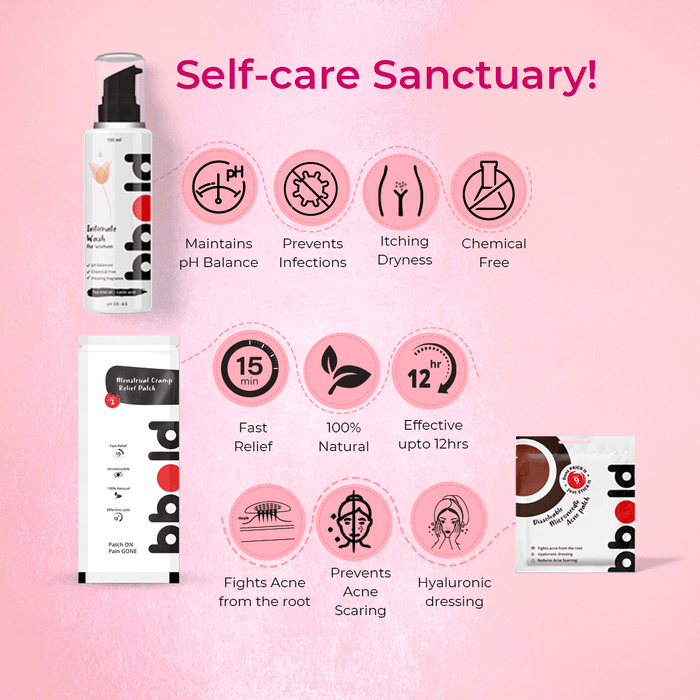 bbold Self - Care Combo – Intimate Wash for Women – Dissolvable Microneedle Acne Patch - Menstrual Cramp Relief Patch – FREE Menstrual Cup - Azistastore