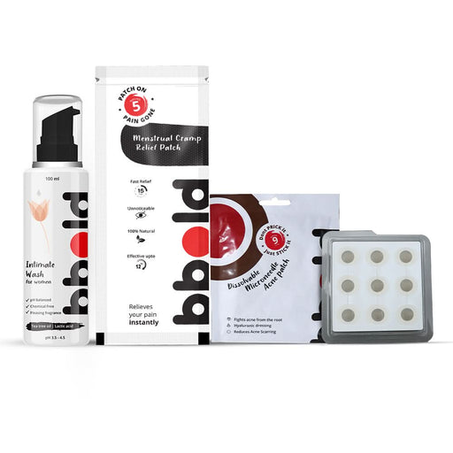 bbold Women’s Essential Care Combo bbold Intimate Wash (Pack of 1) Menstrual Cramp Patches (Pack of 1 - 5's) Acne Patch (Pack of 1) – the ultimate trio for intimate hygiene, menstrual pain relief, and effective pimple care. - Azistastore
