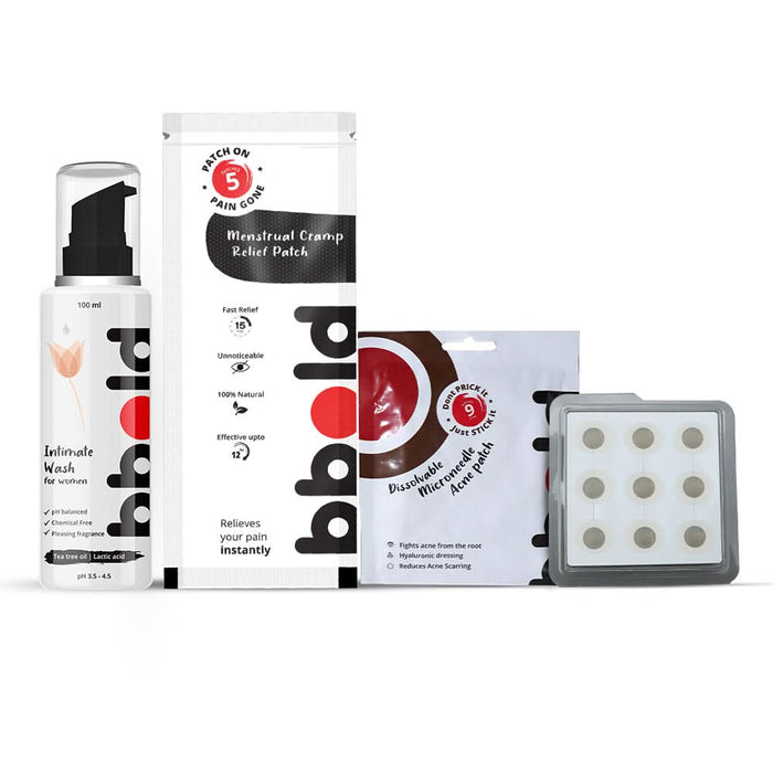 bbold Women’s Essential Care Combo bbold Intimate Wash (Pack of 1) Menstrual Cramp Patches (Pack of 1 - 5's) Acne Patch (Pack of 1) – the ultimate trio for intimate hygiene, menstrual pain relief, and effective pimple care. - Azistastore