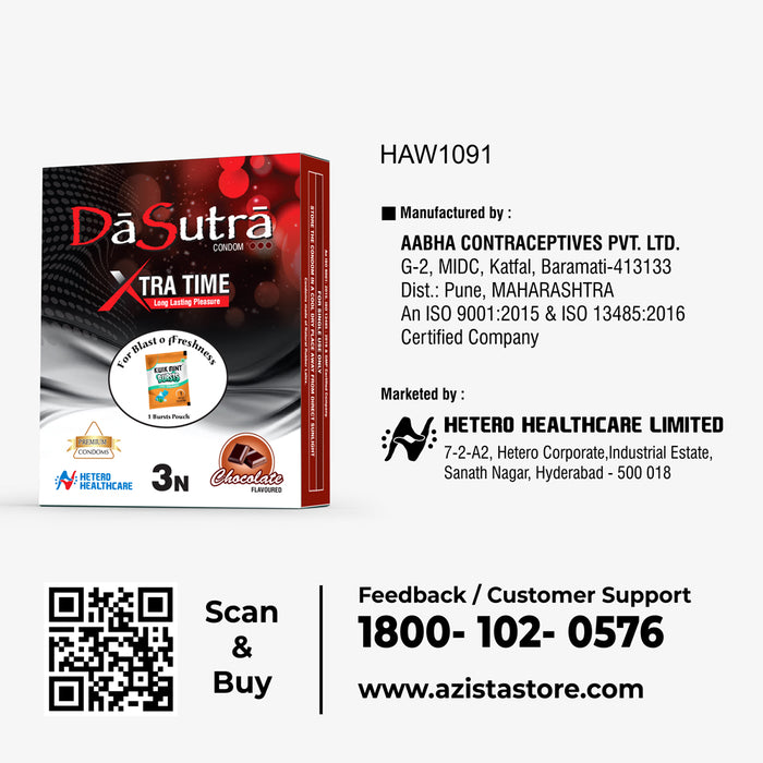 DaSutra Xtra Time Long Lasting Pleasure Condoms - 3's Pack Ribbed-Dotted-Contour - Chocolate Flavour