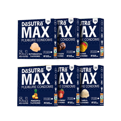 DaSutra Max Pleasure Condoms - With 396 dots | 5in1 multi-textured condoms - 6 Flavours Combo