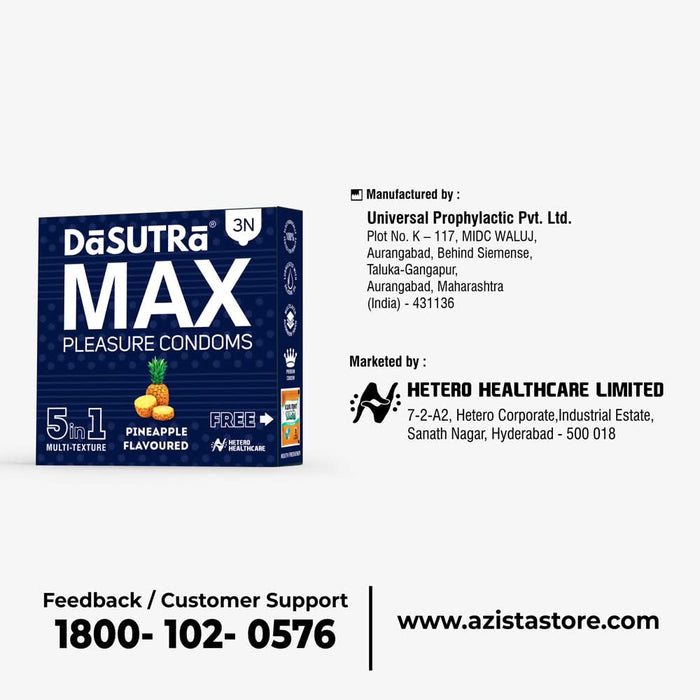 DaSutra MAX Pleasure Pineapple Flavoured Condoms – 5 in 1 Multi - Texture | 3N Pack - Azistastore