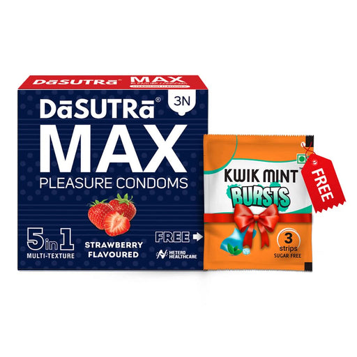 DaSutra MAX Pleasure Strawberry Flavoured Condoms – 5 in 1 Multi - Texture | 3N Pack - Azistastore