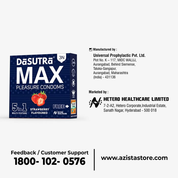 DaSutra MAX Pleasure Strawberry Flavoured Condoms – 5 in 1 Multi - Texture | 3N Pack - Azistastore