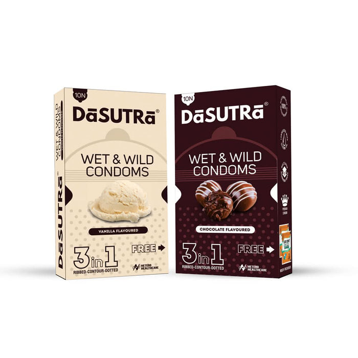 DaSutra Wet & Wild Condoms - 10's Pack Lubricated, Ribbed, and Dotted - 2 Combo - Azistastore