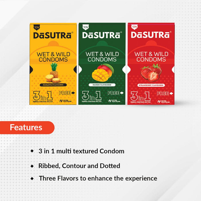 DaSutra Wet & Wild Condoms - 10's Pack Lubricated, Ribbed, and Dotted Combo pack - (Pineapple + Mango + Strawberry) - Azistastore