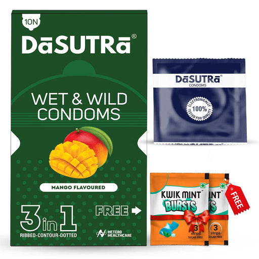 DaSutra Wet & Wild Condoms - 10's Pack Lubricated, Ribbed, and Dotted - Mango Flavour - Azistastore
