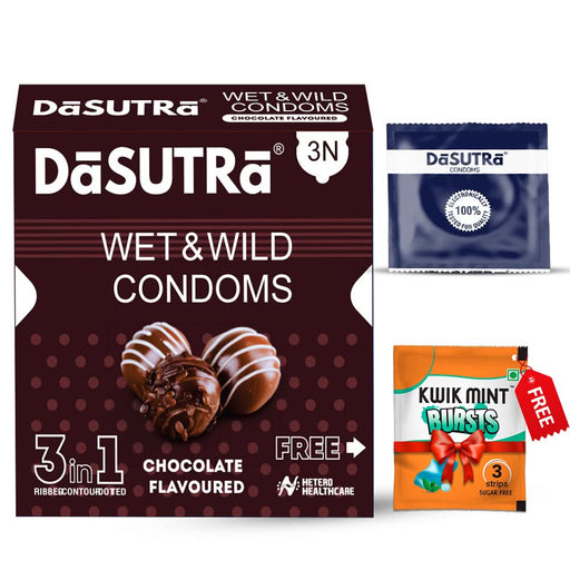 DaSutra Wet & Wild Condoms - 3's Pack Lubricated, Ribbed, and Dotted - Chocolate Flavour - Azistastore