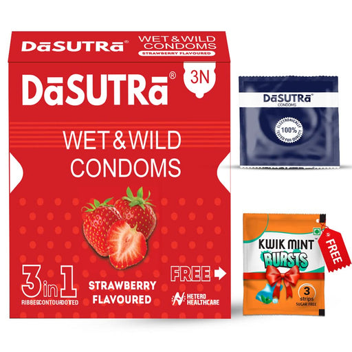 DaSutra Wet & Wild Condoms - 3's Pack Lubricated, Ribbed, and Dotted - Strawberry Flavour - Azistastore
