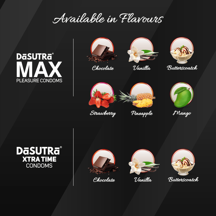 DaSutra Xtra Time Long Lasting Pleasure Condoms - 3's Pack Ribbed - Dotted - Contour - Chocolate Flavour - Azistastore